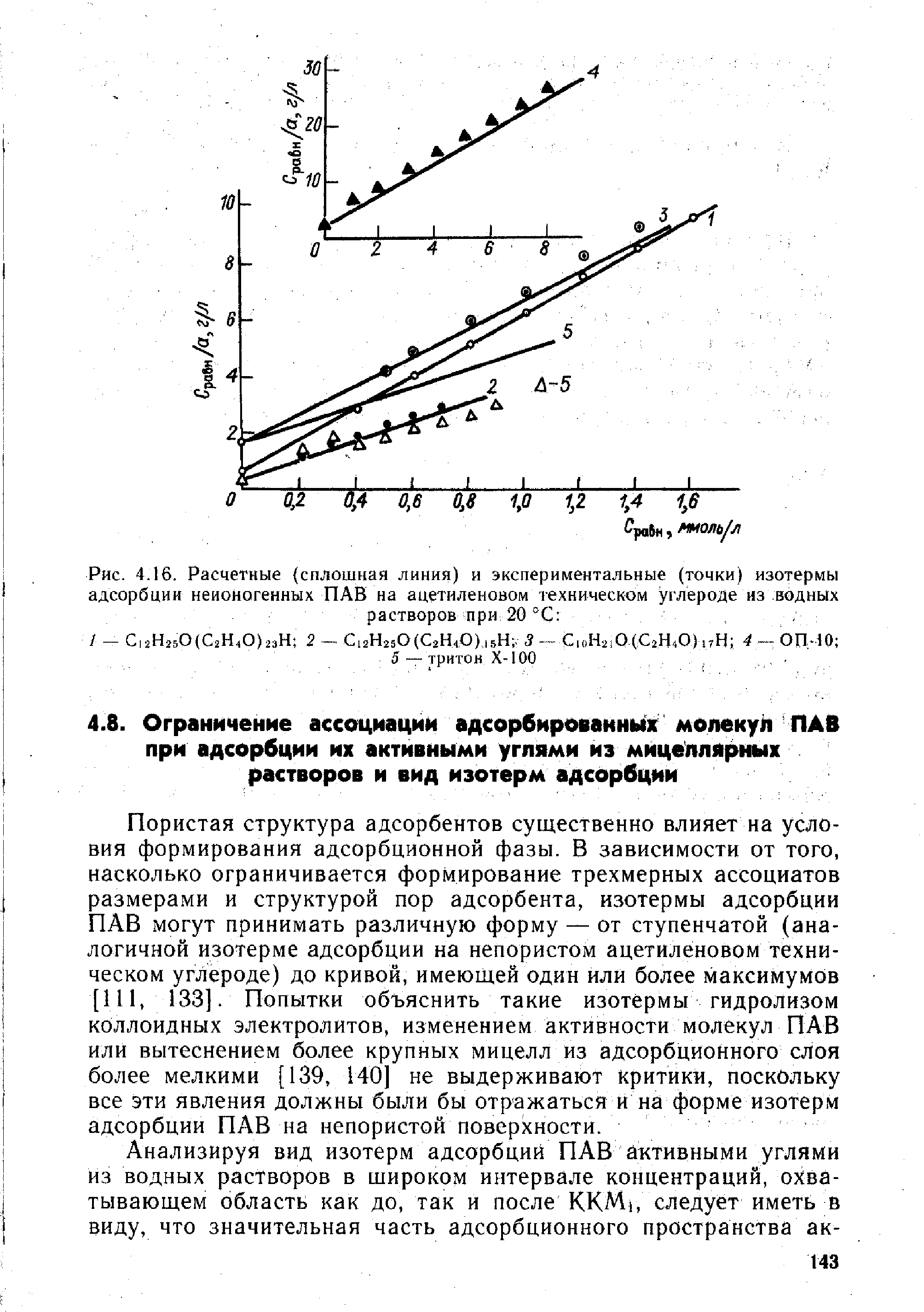 Пористая структура адсорбентов существенно влияет на условия формирования адсорбционной фазы. В зависимости от того, насколько ограничивается формирование трехмерных ассоциатов размерами и структурой пор адсорбента, изотермы адсорбции ПАВ могут принимать различную форму — от ступенчатой (аналогичной изотерме адсорбции на непористом ацетиленовом техническом углероде) до кривой, имеющей один или более максимумов [111, 133]. Попытки объяснить такие изотермы гидролизом коллоидных электролитов, изменением активности молекул ПАВ или вытеснением более крупных мицелл из адсорбционного слоя более мелкими [139, 140] не выдерживают критики, поскольку все эти явления должны были бы отражаться и на форме изотерм адсорбции ПАВ на непористой поверхности.