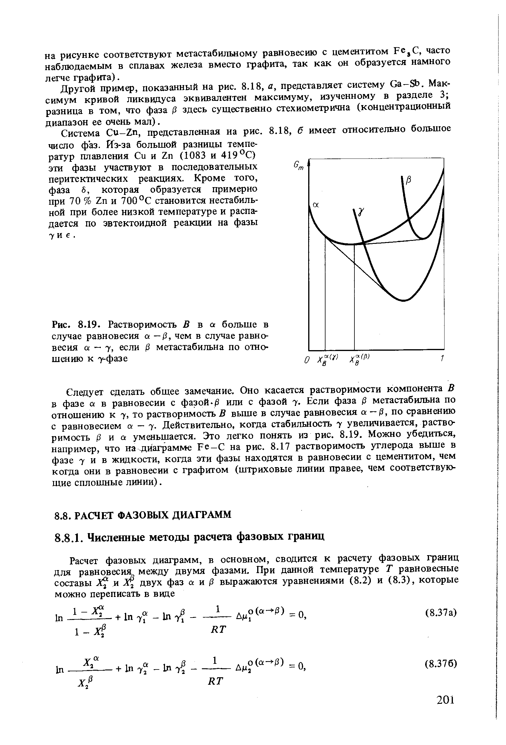 Другой пример, показанный на рис. 8.18, а, представляет систему Са-8Ь. Максимум кривой ликвидуса эквивалентен максимуму, изученному в разделе 3 разница в том, что фаза /3 здесь существенно стехиометрична (концентрационный диапазон ее очень мал).