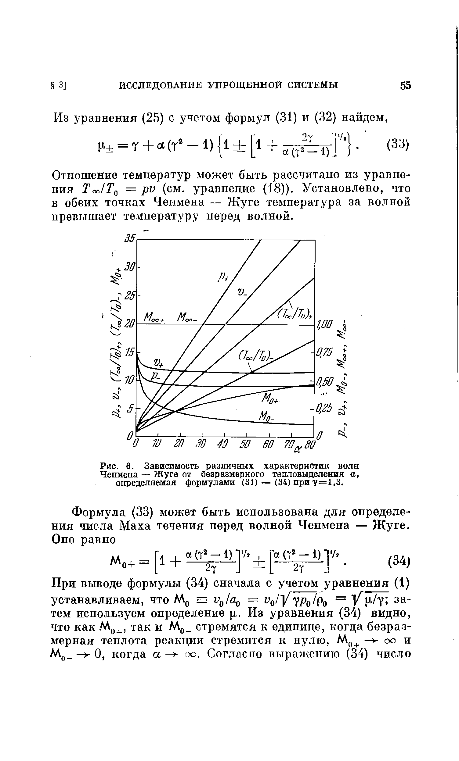 Отношение температур может быть рассчитано из уравнения Т х1Тд = ри (см. уравнение (18)). Установлено, что в обеих точках Чепмена — Жуге температура за волной превышает температуру перед волной.