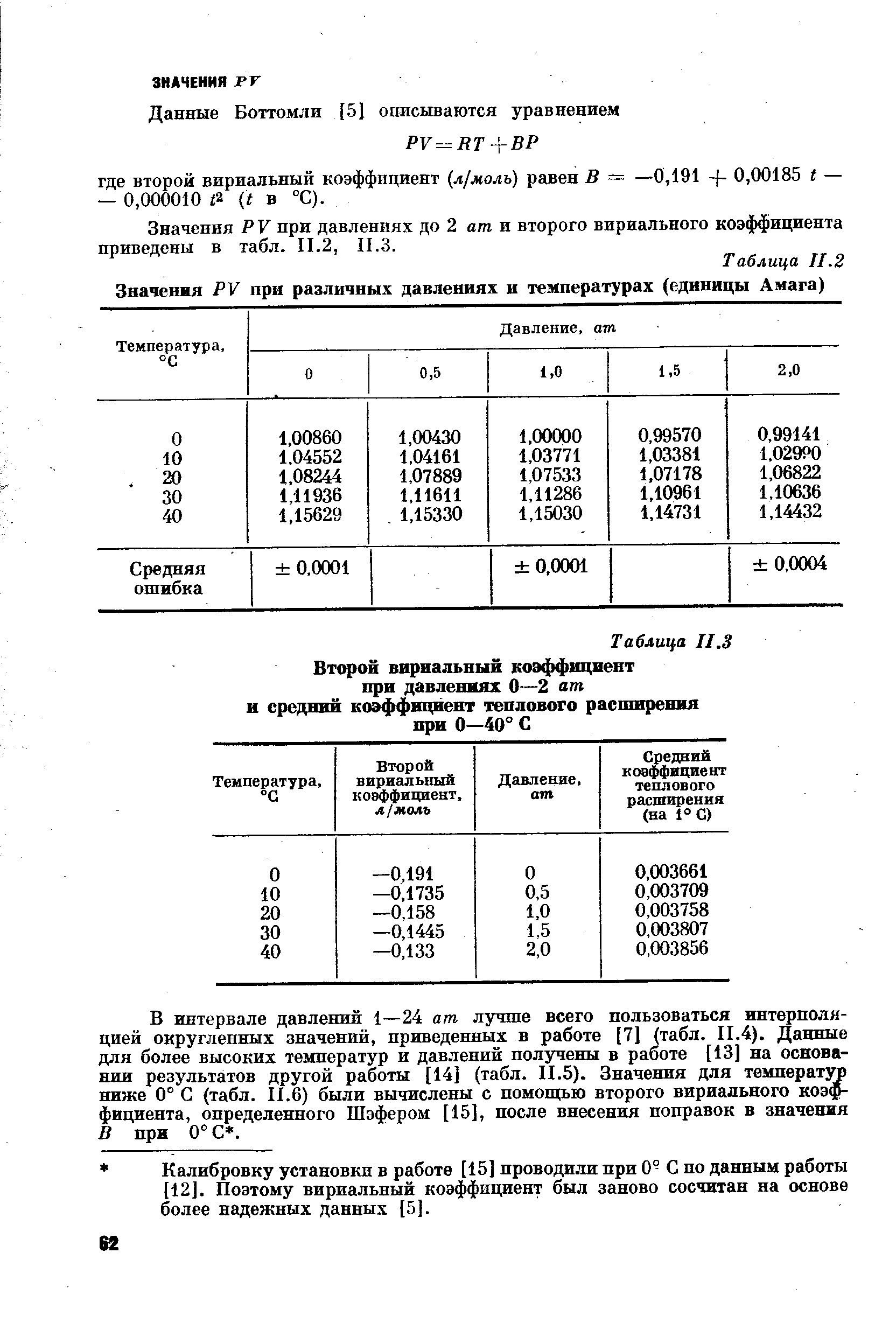 Значения РУ при давлениях до 2 ат и второго вириального коэффициента приведены в табл. II.2, П.З.