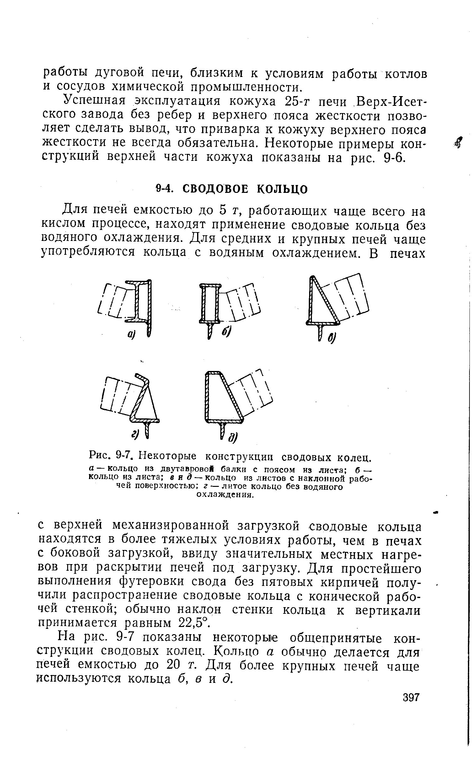 На рис. 9-7 показаны некоторые общепринятые конструкции сводовых колец. Кольцо а обычно делается для печей емкостью до 20 т. Для более крупных печей чаще используются кольца б, в и д.