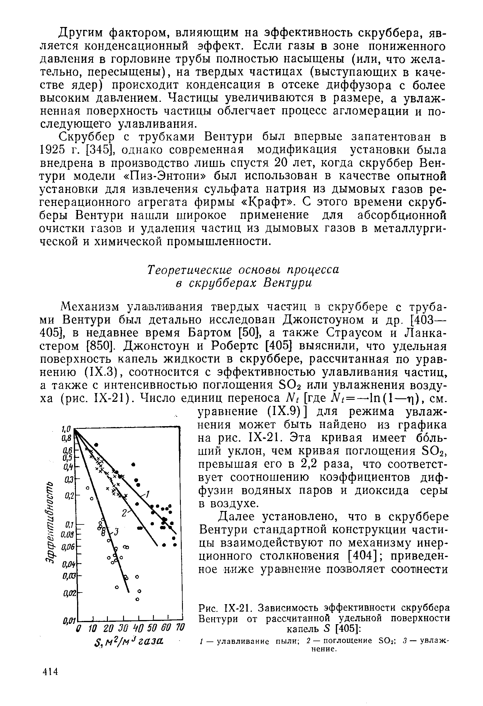 Механизм улавливания твердых частиц в скруббере с трубами Вентури был детально исследован Джонстоуном и др. [403— 405], в недавнее время Бартом [50], а также Страусом и Ланкастером [850]. Джонстоун и Робертс [405] выяснили, что удельная поверхность капель жидкости в скруббере, рассчитанная по уравнению (IX.3), соотносится с эффективностью улавливания частиц, а также с интенсивностью поглощения SO2 или увлажнения воздуха (рис. IX-21). Число единиц переноса Nt [где JVi=—1п(1—т]), см.
