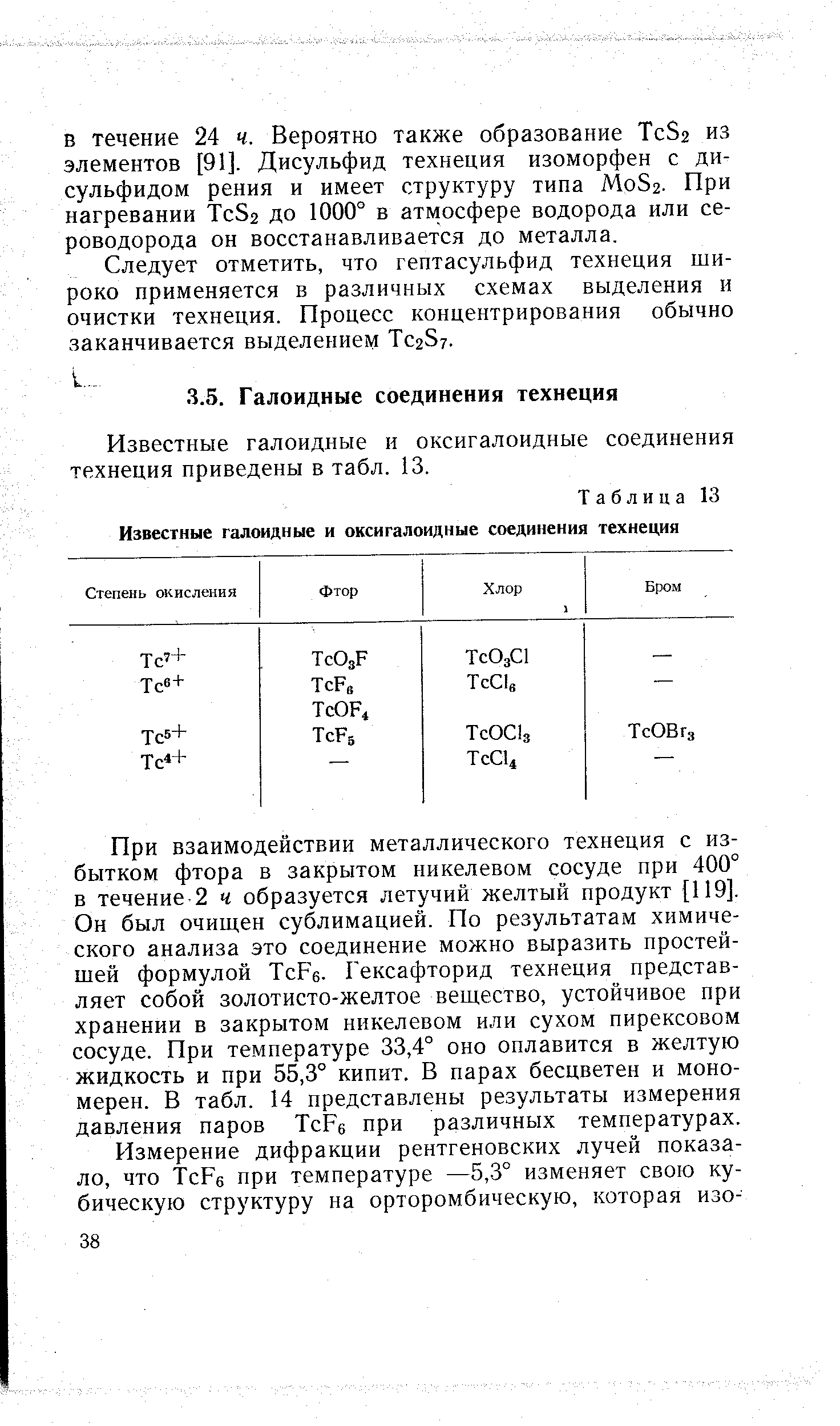 Известные галоидные и оксигалоидные соединения технеция приведены в табл. 13.
