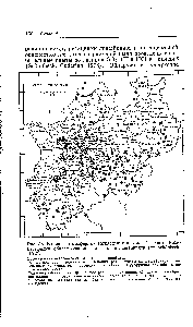 Рис. 38. Влияние атмосферных загрязнений в земле Северный Ренн-Вестфалия, обнаруживаемое по реакции лишайников (по S honbe k, 1972).