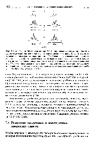 Рис. 7.3.10. Сечения 2М-спектра нз рнс. 7.3.9, параллельные осн ш , прн частотах Ш2, соответствующих центральному и боковым сигналам порядка О, 1 и 2, обусловленным <a href="/info/356181">анизотропией экранирования</a> Сечеиия <a href="/info/1580062">экспериментального спектра</a> (слева) согласуются с георетическими спсктрами (справа), рассчитанными в предположении, что ЫН-связь направлена под углом 25° к главной оси <a href="/info/249803">тензора экранирования</a> имеющего симметрию, близкую к аксиальной. Иэ проекций, приведенных в <a href="/info/250522">нижней части</a> спектра, следует, что <a href="/info/18198">константа дипольного</a> взанмодейстаия равна D = 4,9 КГц. (Иэ работы [7.54].)