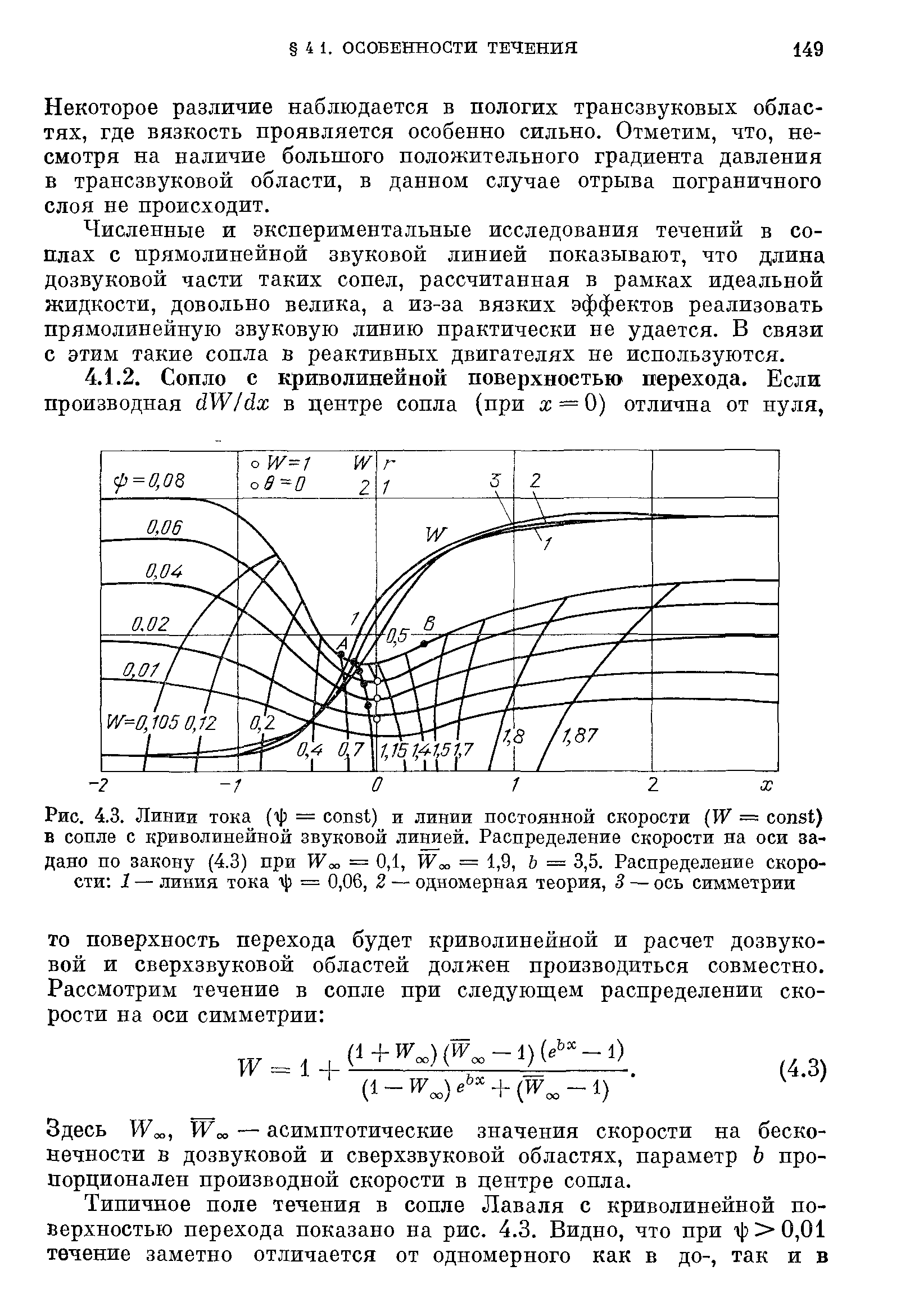 Здесь Woo, Woo — асимптотические значения скорости на бесконечности в дозвуковой и сверхзвуковой областях, параметр Ь пропорционален производной скорости в центре сопла.