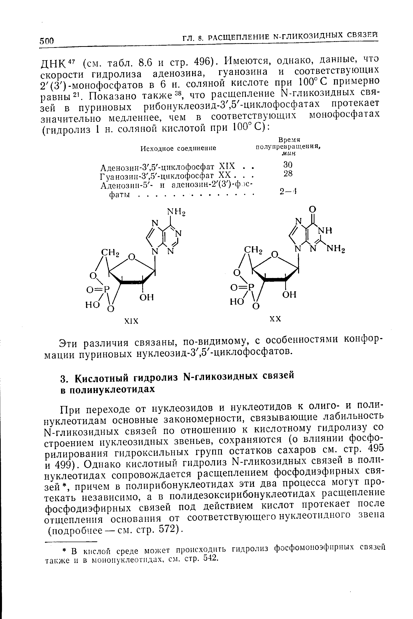 При переходе от нуклеозидов и нуклеотидов к олиго- и полинуклеотидам основные закономерности, связывающие лабильность N-гликозидных связей по отношению к кислотному гидролизу со строением нуклеозидных звеньев, сохраняются (о влиянии фосфо-рилирования гидроксильных групп остатков сахаров см. стр. 495 и 499). Однако кислотный гидролиз N-гликозидных связей в полинуклеотидах сопровождается расщеплением фосфодиэфирных связей , причем в полнрибонуклеотидах эти два процесса могут протекать независимо, а в полидезоксирибонуклеотидах расщепление фосфодиэфирных связей под действием кислот протекает после отщепления основания от соответствующего нуклеотидного звена (подробнее — см. стр. 572).