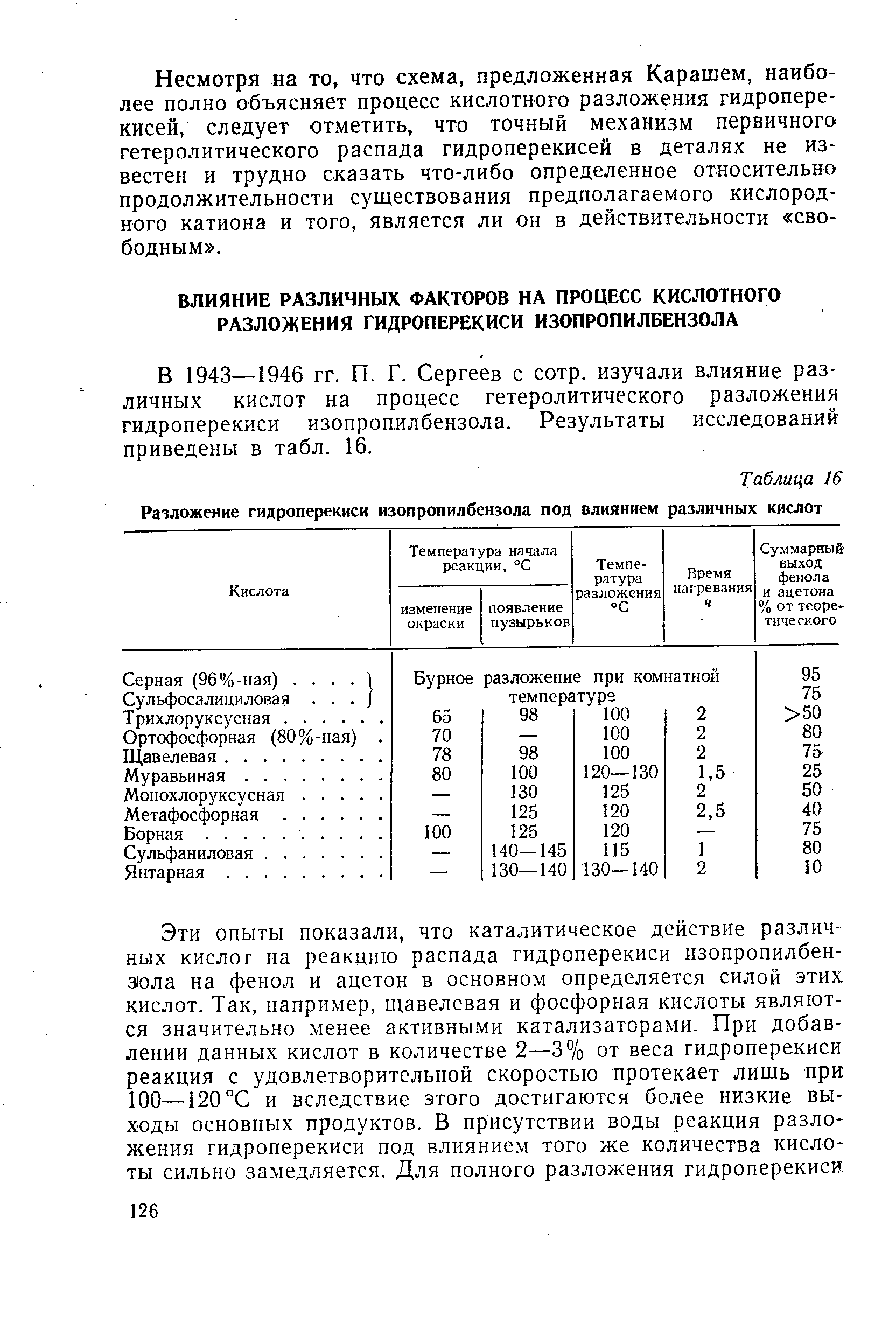 В 1943—1946 гг. П. Г. Сергеев с сотр. изучали влияние различных кислот на процесс гетеролитического разложения гидроперекиси изопропилбензола. Результаты исследований приведены в табл. 16.