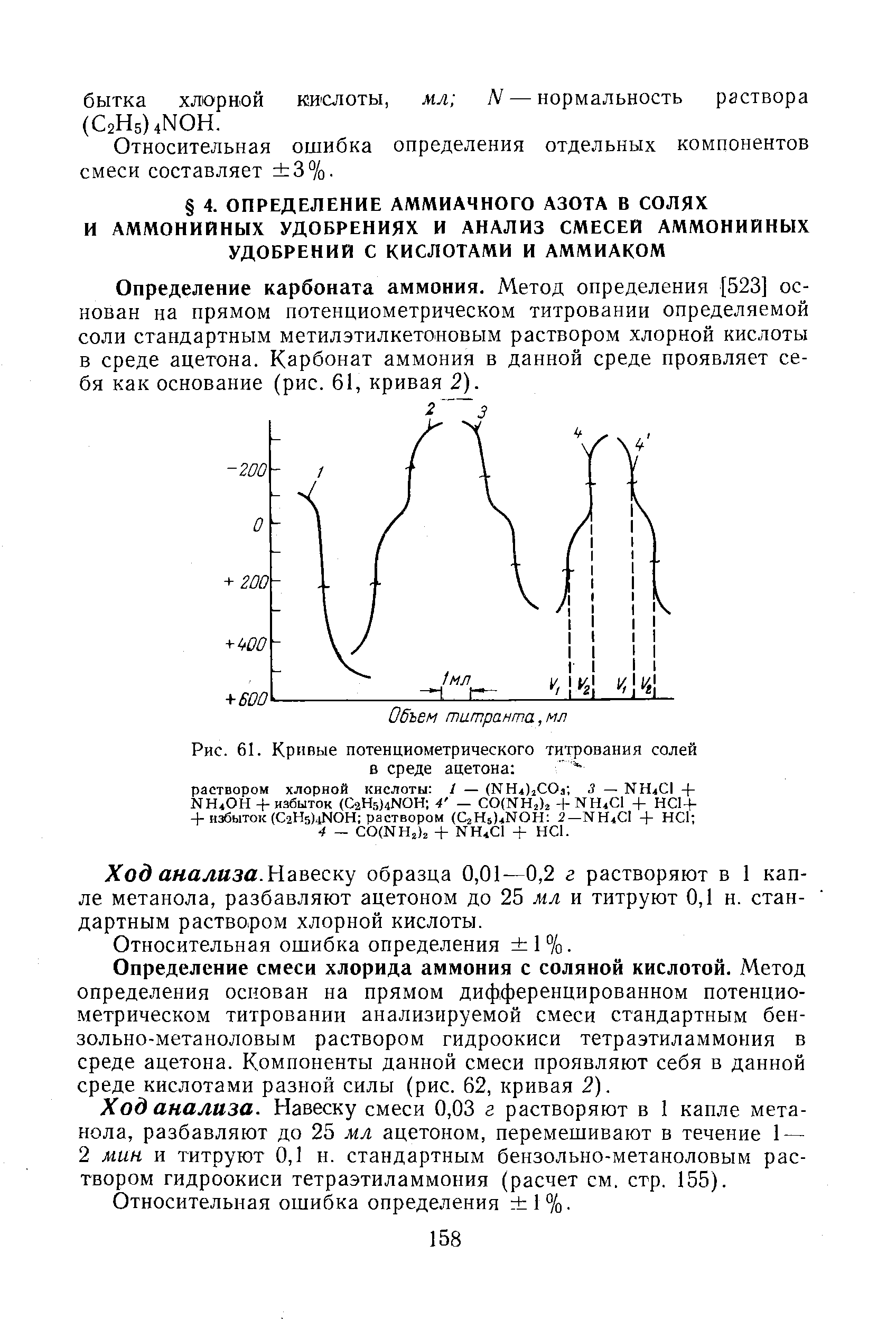 Определение карбоната аммония. Метод определения [523] основан на прямом потенциометрическом титровании определяемой соли стандартным метилэтилкетоновым раствором хлорной кислоты в среде ацетона. Карбонат аммония в данной среде проявляет себя как основание (рис. 61, кривая 2).