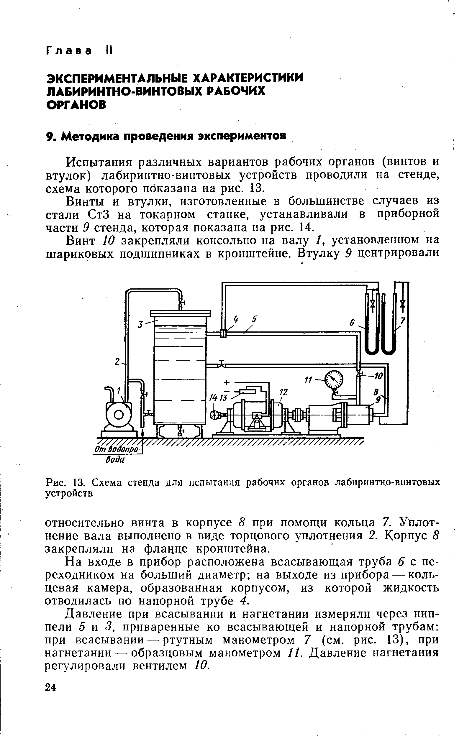 Испытания различных вариантов рабочих органов (винтов и втулок) лабиринтно-винтовых устройств проводили на стенде, схема которого показана на рис. 13.