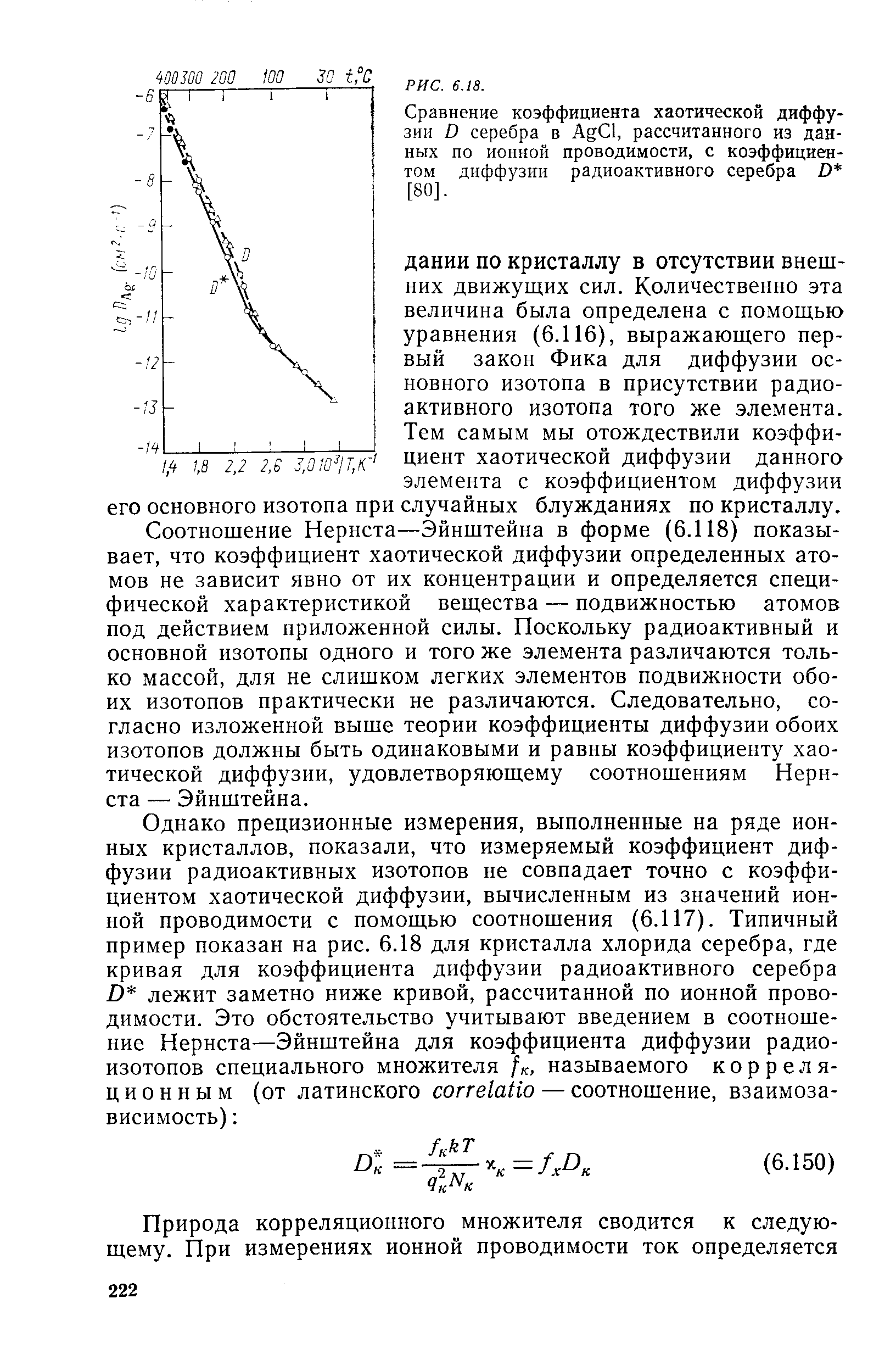 Сравнение коэффициента хаотической диффузии D серебра в Ag l, рассчитанного из данных по ионной проводимости, с коэффициентом диффузии радиоактивного серебра D [80].