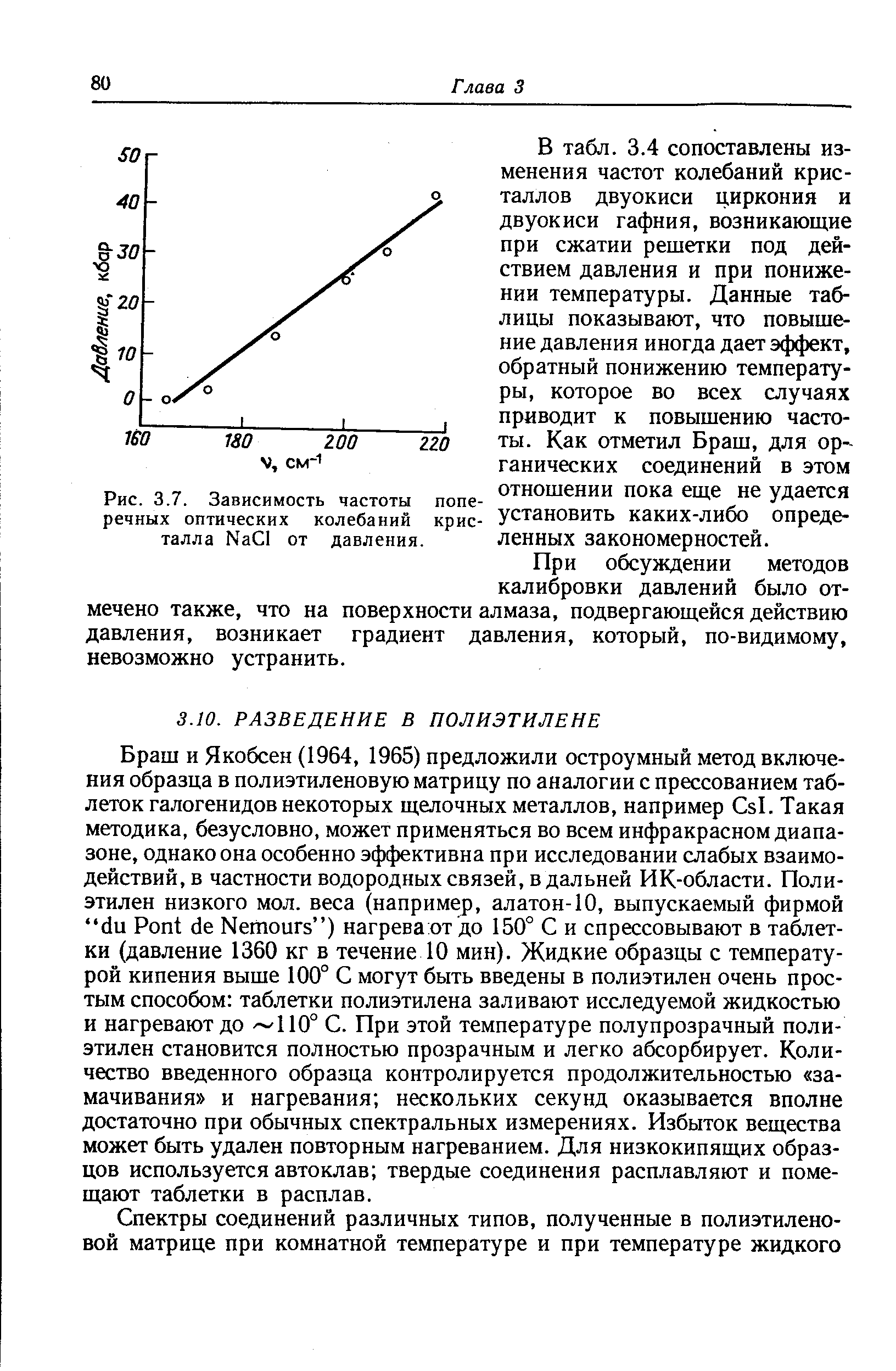 Браш и Якобсен (1964, 1965) предложили остроумный метод включения образца в полиэтиленовую матрицу по аналогии с прессованием таблеток галогенидов некоторых щелочных металлов, например Сз1. Такая методика, безусловно, может применяться во всем инфракрасном диапазоне, однако она особенно эффективна при исследовании слабых взаимодействий, в частности водородных связей, в дальней ИК-области. Полиэтилен низкого мол. веса (например, алатон-10, выпускаемый фирмой с1и Роп (1е Мешоигз ) нагрева от до 150° С и спрессовывают в таблетки (давление 1360 кг в течение 10 мин). Жидкие образцы с температурой кипения выше 100° С могут быть введены в полиэтилен очень простым способом таблетки полиэтилена заливают исследуемой жидкостью и нагревают до / 110° С. При этой температуре полупрозрачный полиэтилен становится полностью прозрачным и легко абсорбирует. Количество введенного образца контролируется продолжительностью замачивания и нагревания нескольких секунд оказывается вполне достаточно при обычных спектральных измерениях. Избыток вещества может быть удален повторным нагреванием. Для низкокипящих образцов используется автоклав твердые соединения расплавляют и помещают таблетки в расплав.