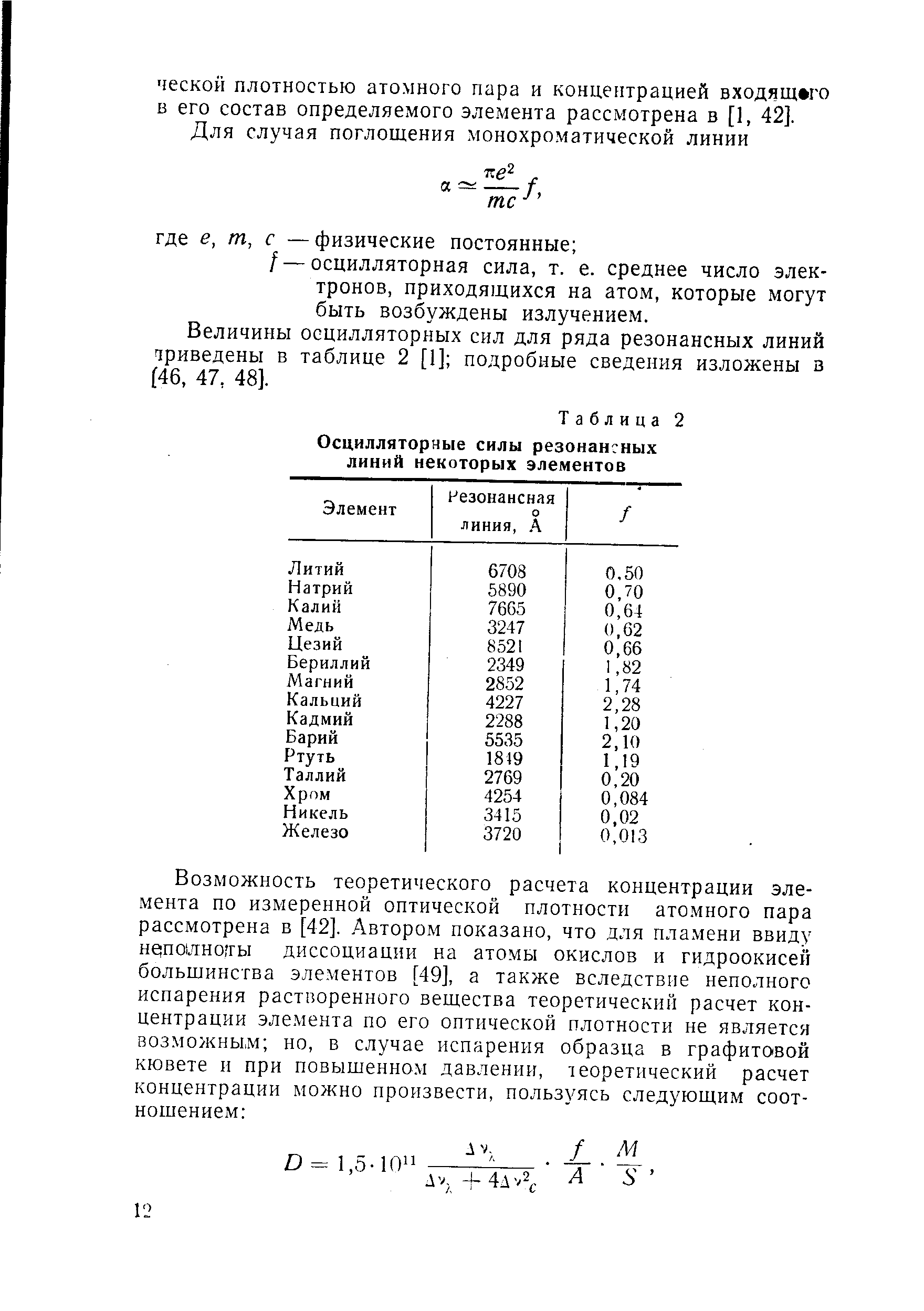 Величины осцилляторных сил для ряда резонансных линий триведены в таблице 2 [1] подробные сведения изложены з (46, 47, 48].