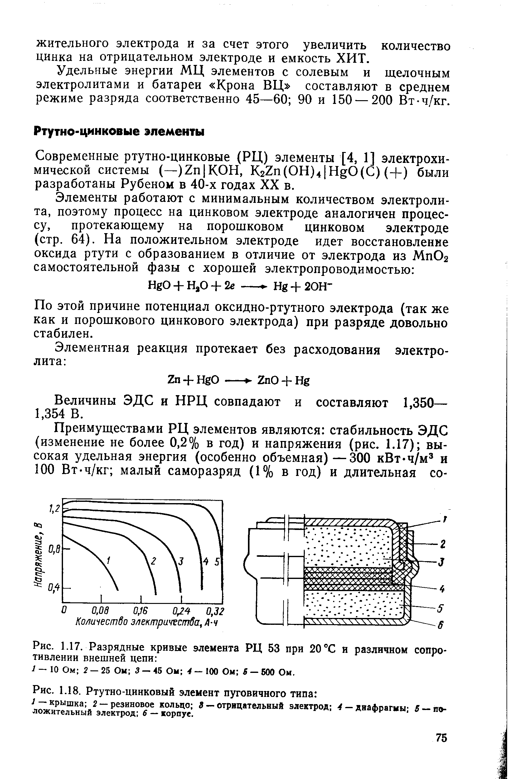 Современные ртутно-цинковые (РЦ) элементы [4, 1] электрохимической системы (—)2п К0Н, K2Zn(OH)4 HgO( ) (4-) были разработаны Рубеном в 40-х годах XX в.