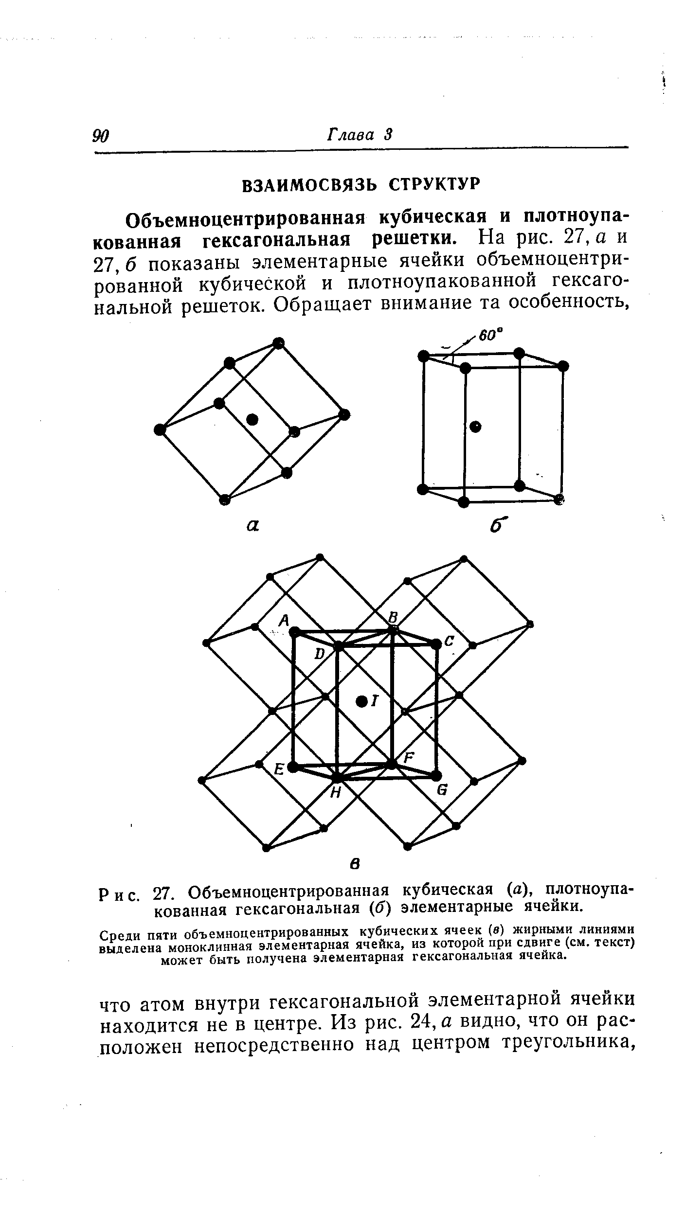 Среди пяти объемноцентрированных кубических ячеек (в) жирными линиями выделена моноклинная элементарная ячейка, из которой при сдвиге (см. текст) может быть получена элементарная гексагональная ячейка.