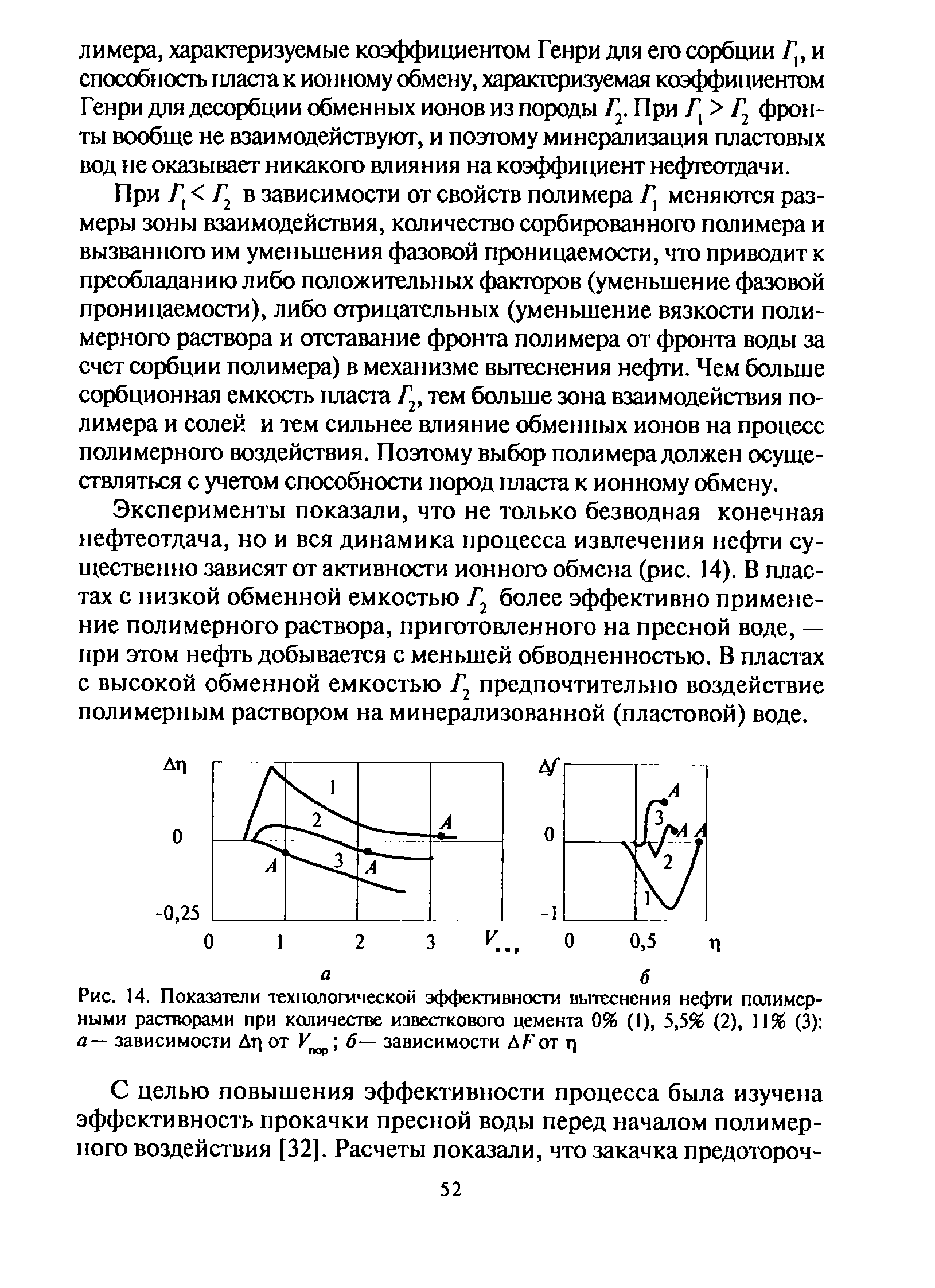 При Г Г в зависимости от свойств полимера Г, меняются размеры зоны взаимодействия, количество сорбированного полимера и вызванного им уменьшения фазовой проницаемости, что приюдитк преобладанию либо положительных факторов (уменьшение фазовой проницаемости), либо отрицательных (уменьшение вязкости полимерного раствора и отставание фронта полимера от фронта воды за счет сорбции полимера) в механизме вытеснения нефти. Чем больше сорбционная емкость пласта Г , тем больше зона взаимодействия полимера и солей и тем сильнее влияние обменных ионов на процесс полимерного воздействия. Поэтому выбор полимера должен осуществляться с учетом способности пород пласта к ионному обмену.