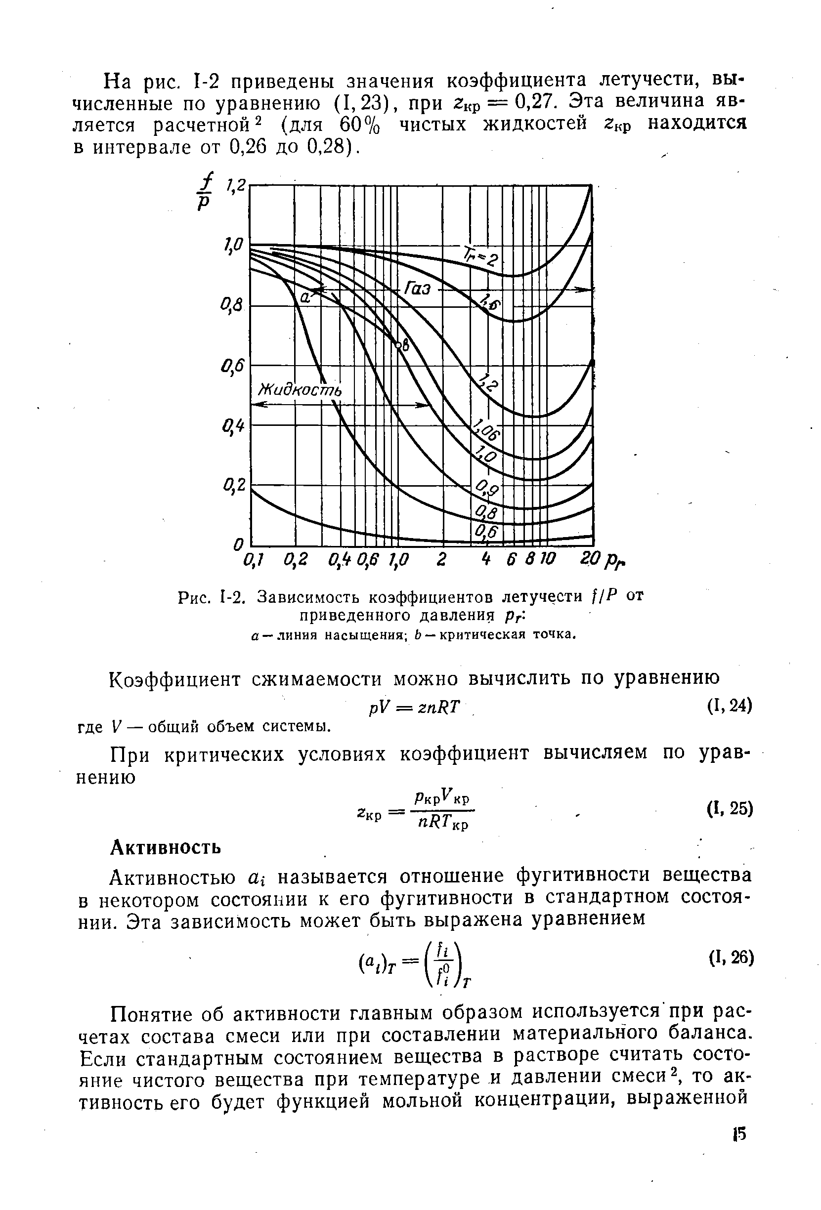 На рис. 1-2 приведены значения коэффициента летучести, вычисленные по уравнению (1,23), при 2 р — 0,27. Эта величина является расчетной (для 60% чистых жидкостей находится в интервале от 0,26 до 0,28).