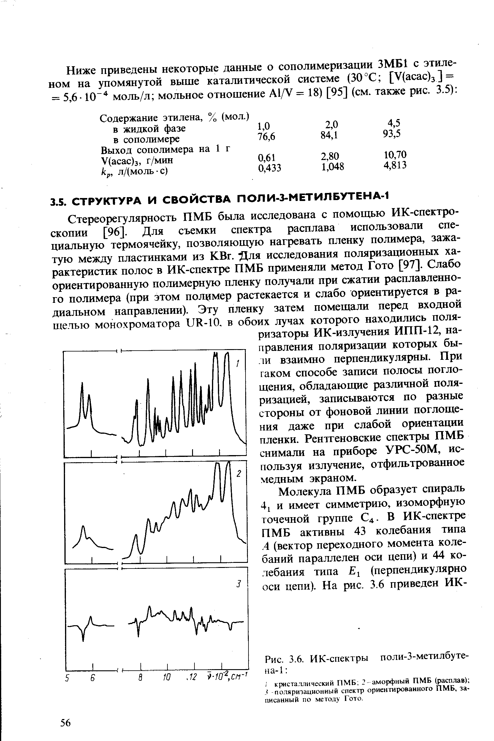 Стереорегулярность ПМБ была исследована с помощью ИК-спектроскопии [96]. Для съемки спектра расплава использовали специальную термоячейку, позволяющую нагревать пленку полимера, зажатую между пластинками из КВг. Для исследования поляризационных характеристик полос в ИК-спектре ПМБ применяли метод Гото [97]. Слабо ориентированную полимерную пленку получали при сжатии расплавленного полимера (при этом полимер растекается и слабо ориентируется в радиальном направлении). Эту пленку затем помещали перед входной щелью монохроматора иК-10. в обоих лучах которого находились поляризаторы ИК-излучения ИПП-12, направления поляризации которых были взаимно перпендикулярны. При гаком способе записи полосы поглощения, обладающие различной поля-ризахщей, записываются по разные стороны от фоновой линии поглощения даже при слабой ориентации пленки. Рентгеновские спектры ПМБ снимали на приборе УРС-50М, используя излучение, отфильтрованное медным экраном.