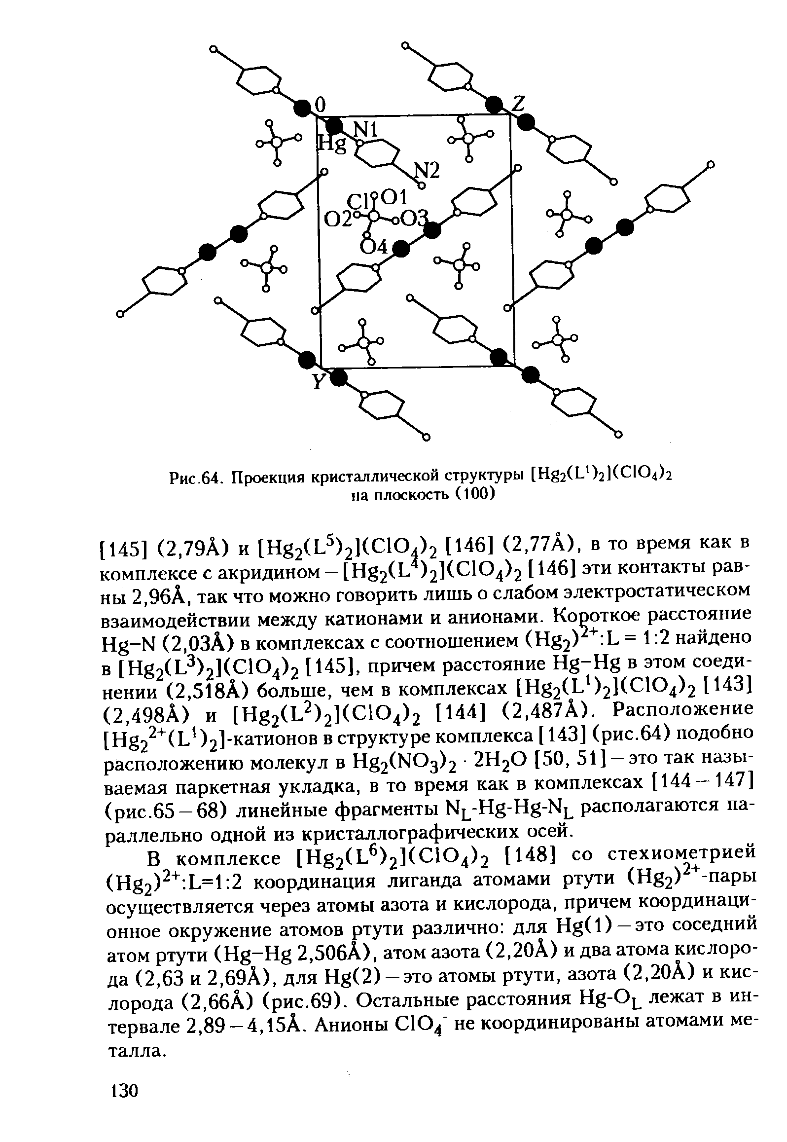 В комплексе [Hg2(L )2]( 104)2 [148] со стехиометрией (Hg2) . L=l 2 координация лиганда атомами ртути (Hg2) -пapы осуществляется через атомы азота и кислорода, причем координационное окружение атомов ртути различно для Hg(l) —это соседний атом ртути (Hg-Hg 2,50бА), атом азота (2,20А) и два атома кислорода (2,63 и 2,69А), для Hg(2) —это атомы ртути, азота (2,20А) и кислорода (2,66Л) (рис.69). Остальные расстояния Hg-O лежат в интервале 2,89 —4, 15А. Анионы СЮ не координированы атомами металла.