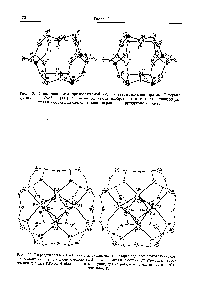 Рис. 1-32. Стереодиаграмма предполагаемой <a href="/info/895442">модели гексагональной</a> призмы Н-форкв.1 фожазита с Si/Al—2 [137]. Черными кружками изображены атомы А1. Эллипсоиды показывают смещения, определенные рентгеноструиурным методом.