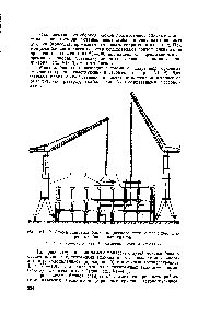 Рис. VI—9. Схема монтажа блока подвесного пути е помощью спа ренных башенных кранов 