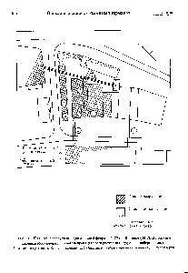 Рис. 13.1. План зоны разрушений для аварии 6 февраля 1979 г. в Бремене (ФРГ). На <a href="/info/1421649">рисунке цифрами</a> обозначены 1 - влагонепроницаемое зернохранилище 2 - конвейерные мосты 