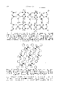 Рис. 107. <a href="/info/463142">Проекция структуры</a> дпгидрата <a href="/info/1446">щавелевой кислоты</a> вдоль оси Ь, показывающая наличие <a href="/info/917">водородных связей</a> меж.ду молекулами НоО и (СООН),. Короткие (<a href="/info/917">водородные связи</a>) обозначены двойными пунктирными линиями, а длинные (гидроксильные) связи — ординарными пунктирными лициямн. Большие незаштрихованные кружки — молекулы Н2О.