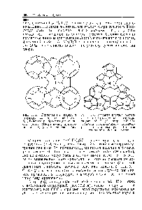 Рис. 15-7. Фрагмент каркаса, состоящего из <a href="/info/5256">молекул воды</a>, в <a href="/info/512485">структуре гидрата</a> М-ПНгО, построенный как упаковка иентагональных додекаэдров и гексакаидекаэдров. В <a href="/info/1905098">центре часть</a> одной из больших пустот.