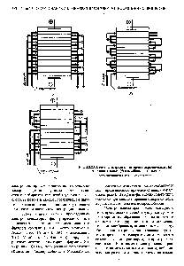 Рис. 5.5.23. Схемы электродиализаторов с параллельным (а), последовательным (б) и комбинированным (в) соединениями камер деионизации